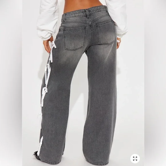 Fashion Nova Gray Flare Jeans with White Ties - Picture 4 of 4